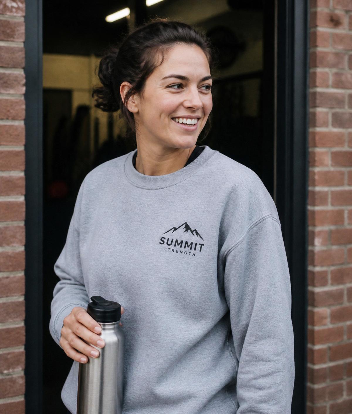 Woman wearing branded Summit Strength crewneck outside a gym