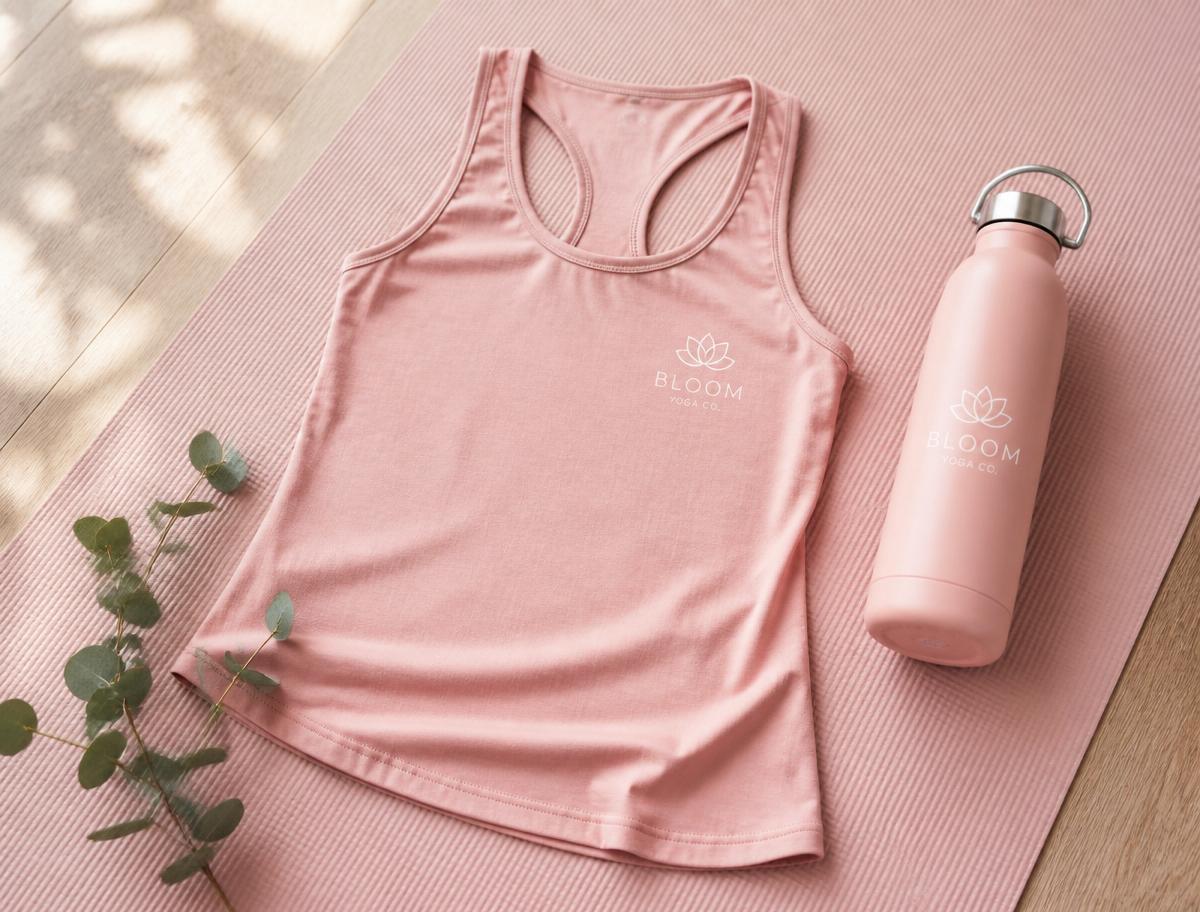 Bloom Yoga Co. pink tank top and matching water bottle on a yoga mat