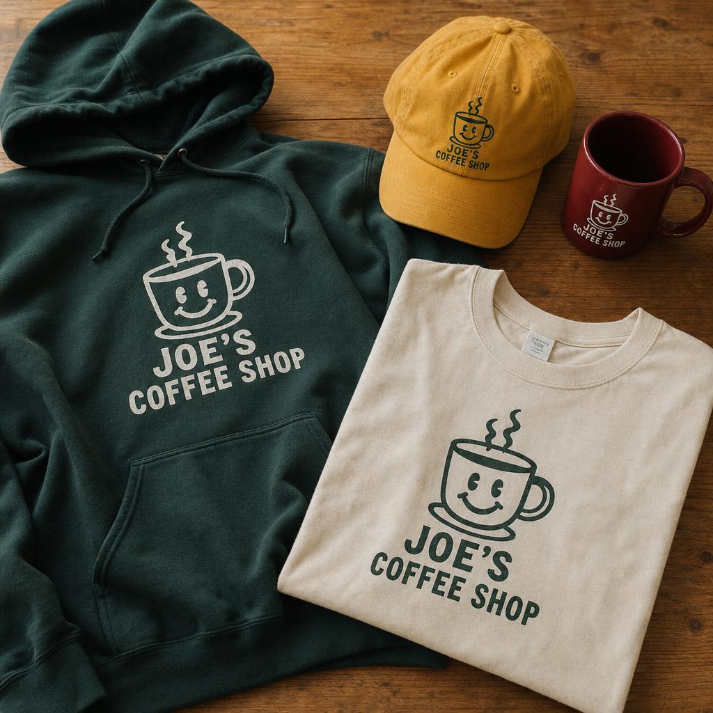 Flat lay of hoodie, tee, hat, and coffee mug