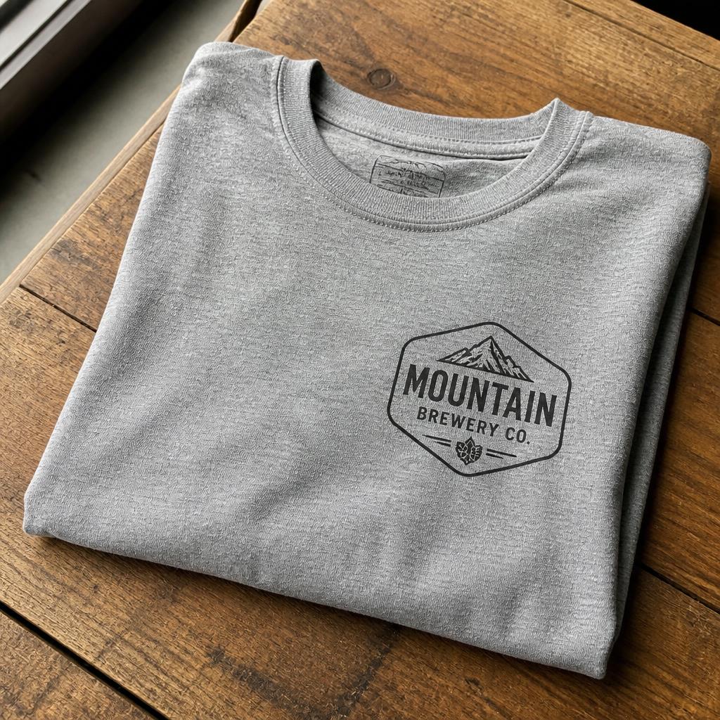 Folded heather grey tee with Mountain Brewery Co. screen-printed badge